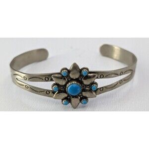 Bell Trading Post Cuff Bracelet Vintage Nickel Silver Faux Turquoise Petite SW